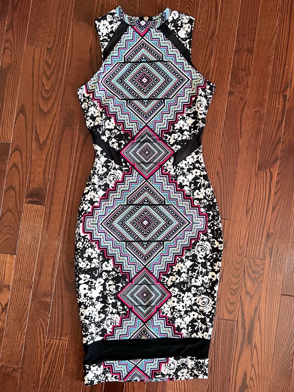 Material Girl Aztec Floral Mesh Cutout Bodycon Dress Y2K Clubwear Sz S
